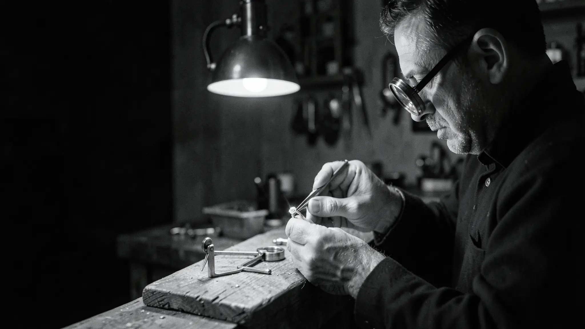 A jeweler at his bench setting a diamond under a work lamp, in black and white (illustrative, generated)