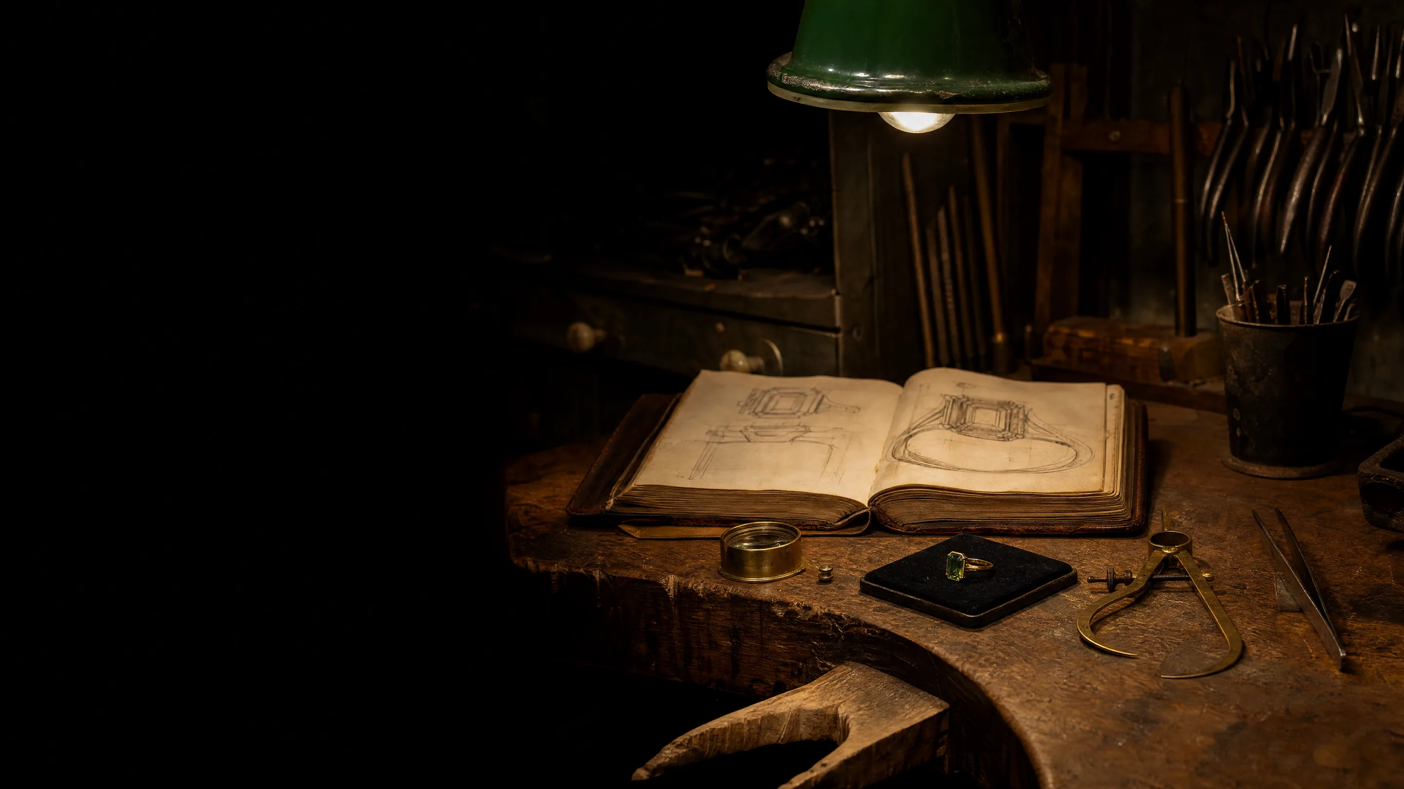 A jeweler bench at night with an order book, calipers and an emerald ring under a work lamp (illustrative, generated)
