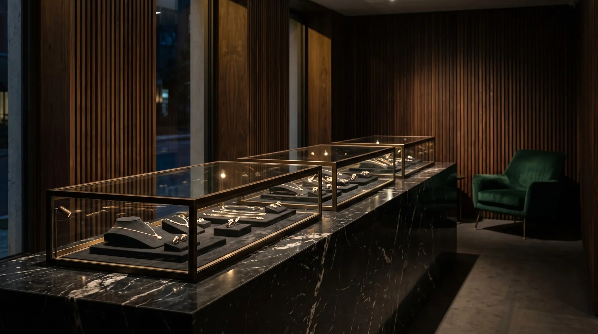 A modern jewelry boutique at night: a black marble counter with brass-framed glass cases against fluted walnut walls (illustrative, generated)