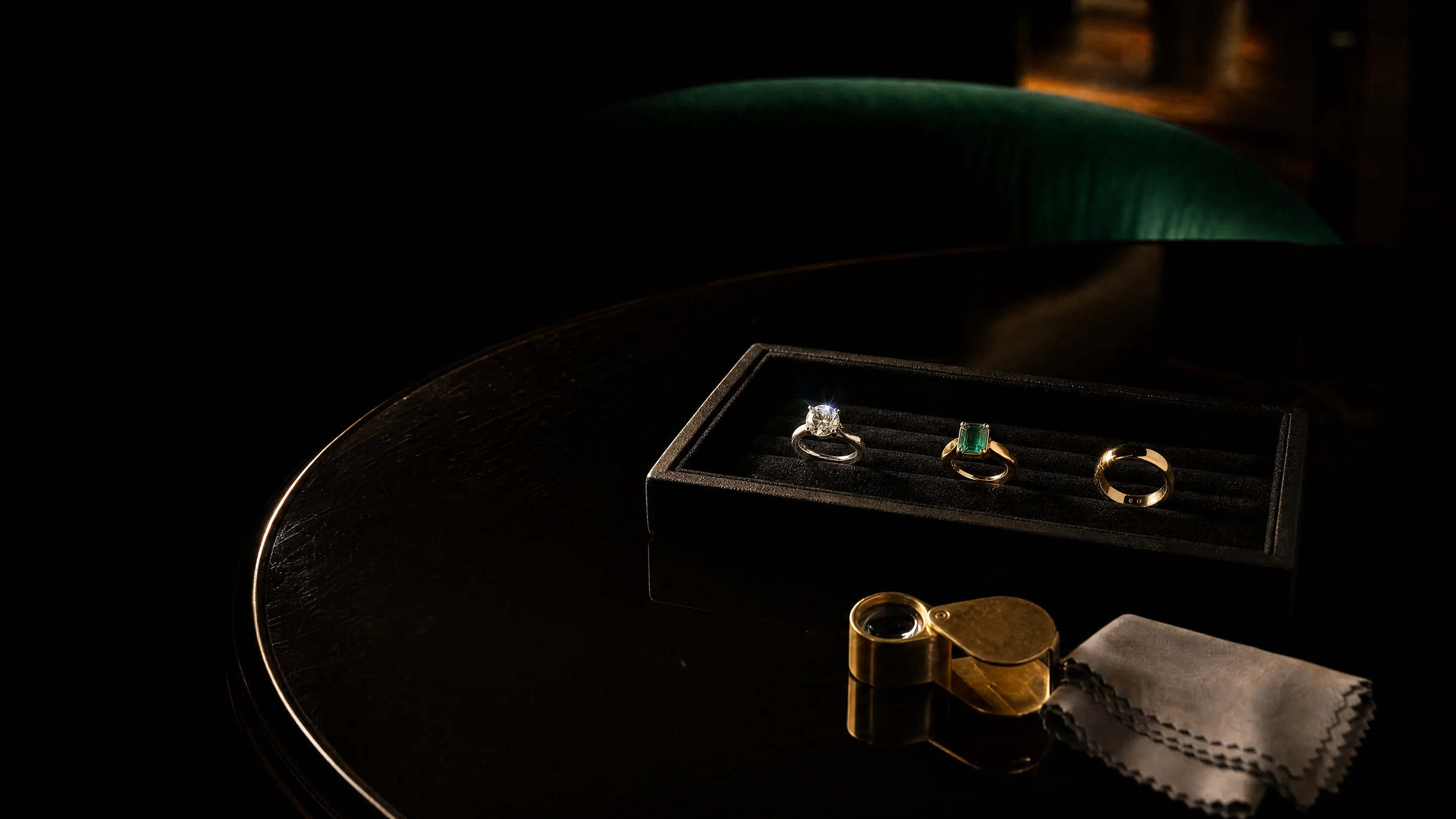 A velvet tray of three rings and a loupe on a black lacquer table under a spotlight (illustrative, generated)
