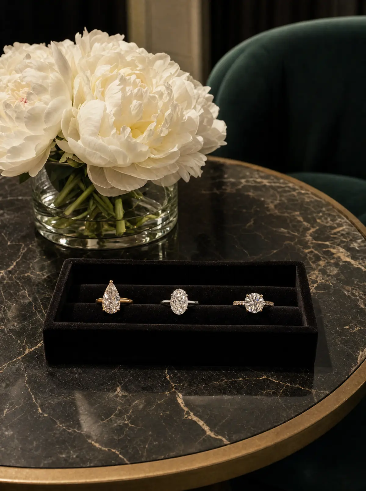 A bridal table at night with three engagement rings in a row and white peonies (illustrative, generated)