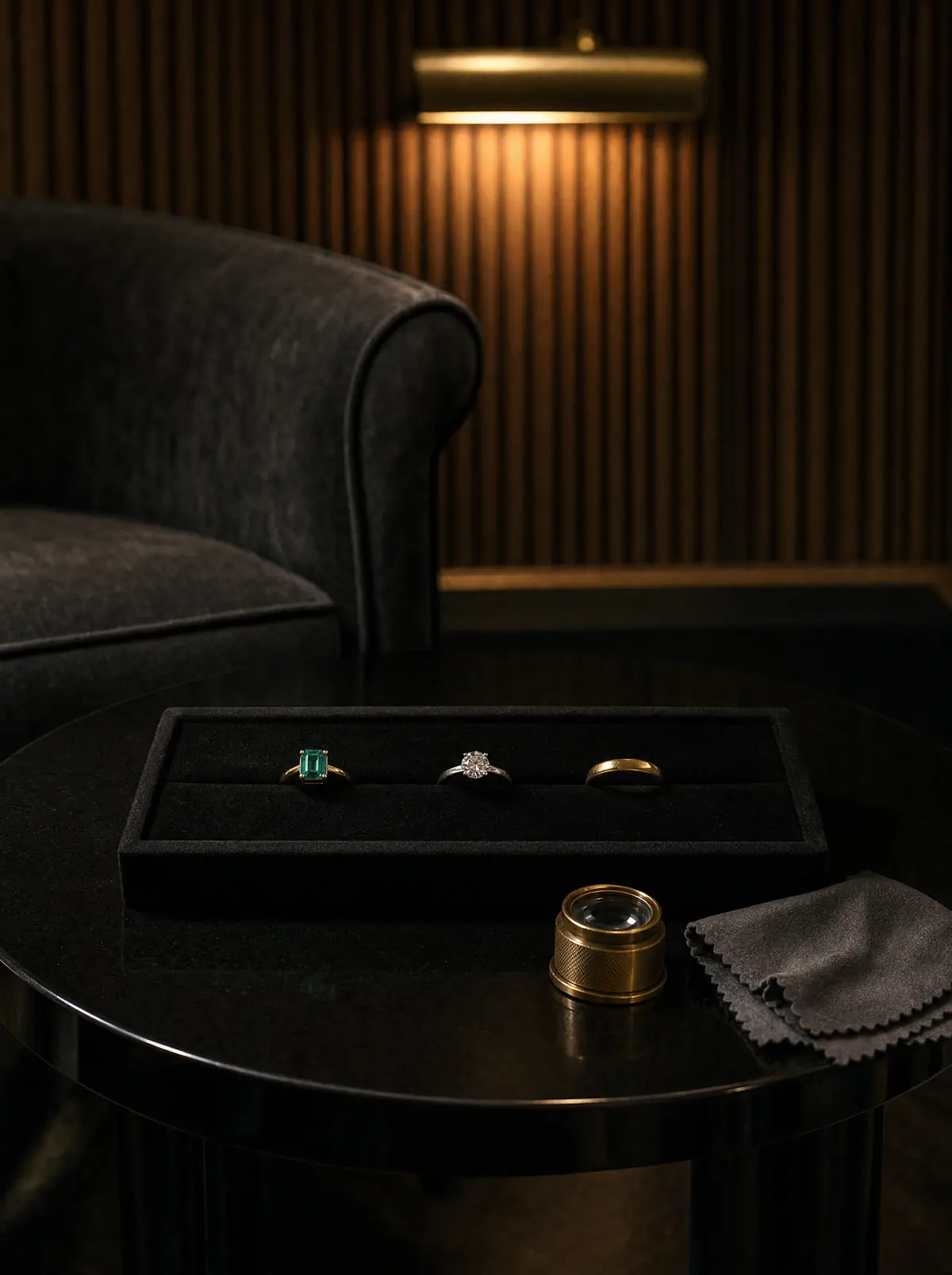 A viewing salon at night, three rings in a row in a velvet tray beside a loupe and cloth (illustrative, generated)