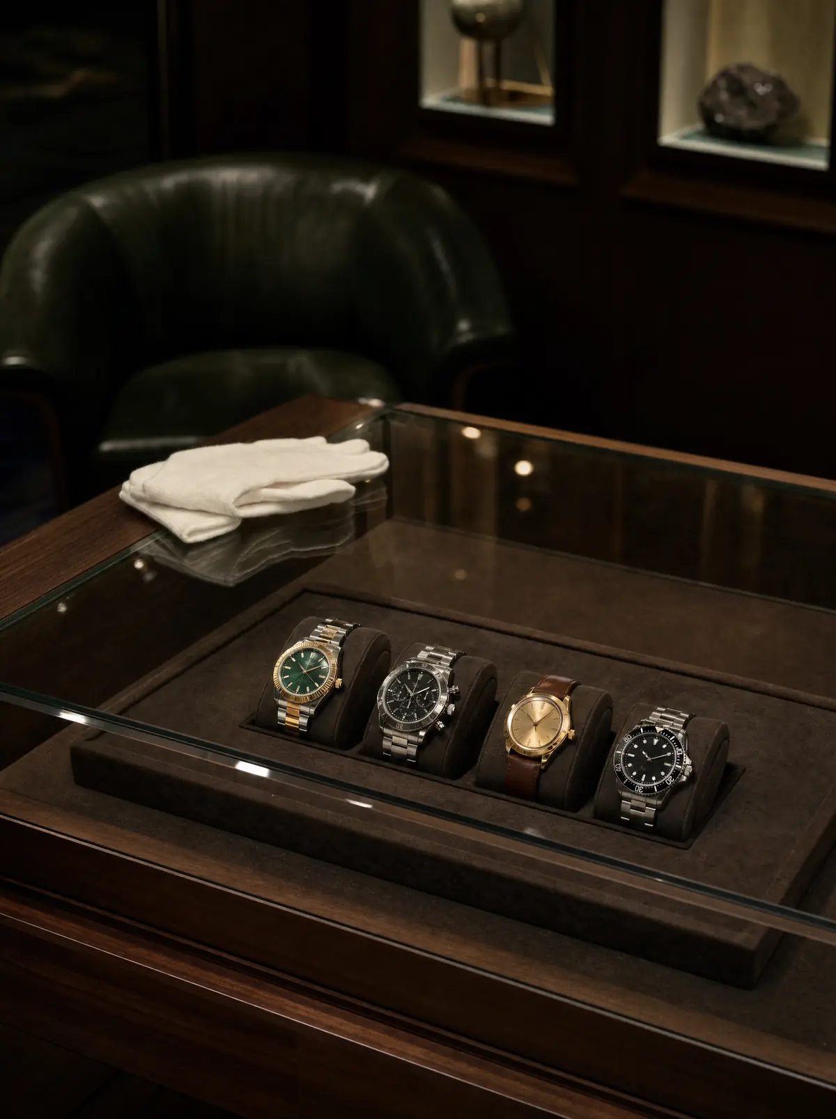 A glass watch case at night with four watches in a row on matching pillows (illustrative, generated)