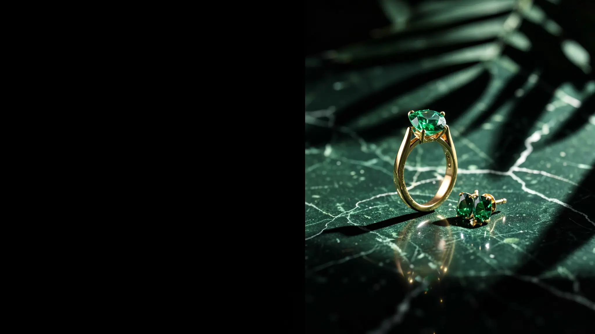 An emerald ring and emerald stud earrings on dark green marble under palm-leaf shadows (illustrative, generated)